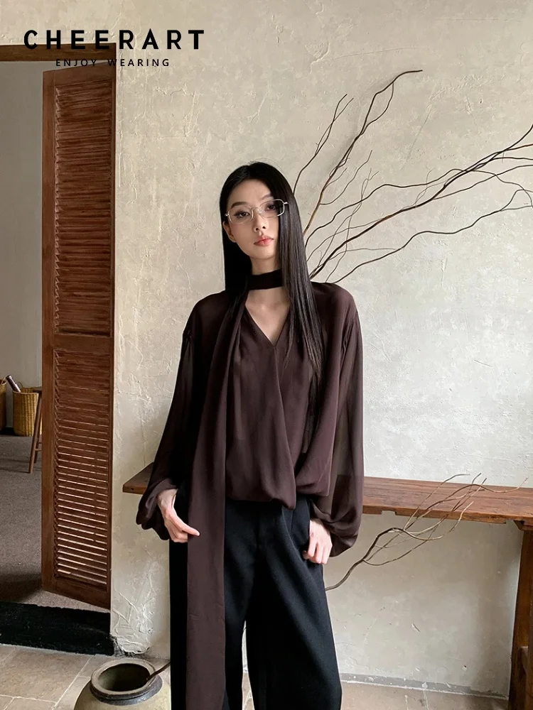 CHEERART Brown Chiffon Blouse Women Clothing Long Sleeve Top V Neck Ribbon Lady Tops And Blouses Fall Clothes 2024 Women