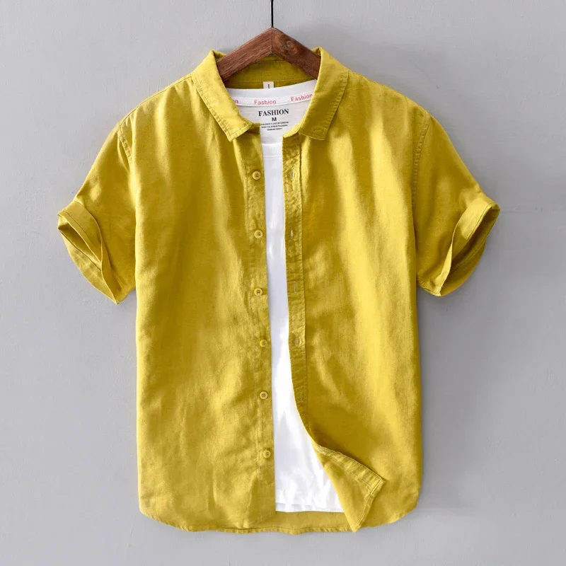 Cotton Linen Short Sleeve Shirts For Men Casual Fashion Yellow Turn Down Collar Tops Male Summer Classic Basic Clothing