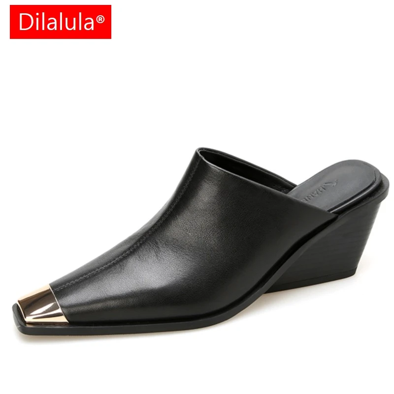 Dilalula 2025 Genuine Leather Mules Women Covered Metal Head Chunky Heels Comfortable Slippers Ladies Summer Casual Shoes Office