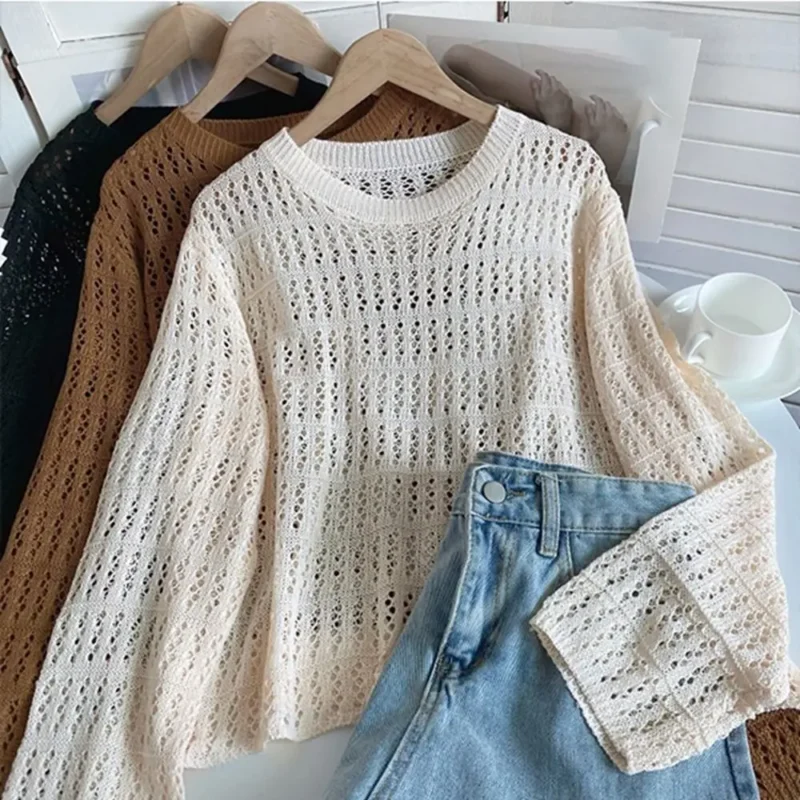 Fashion Knit Hollow-out Blouses Round Neck Long Sleeve Fishnet Pullover Thin Hollow-out Knitwear Tops Women