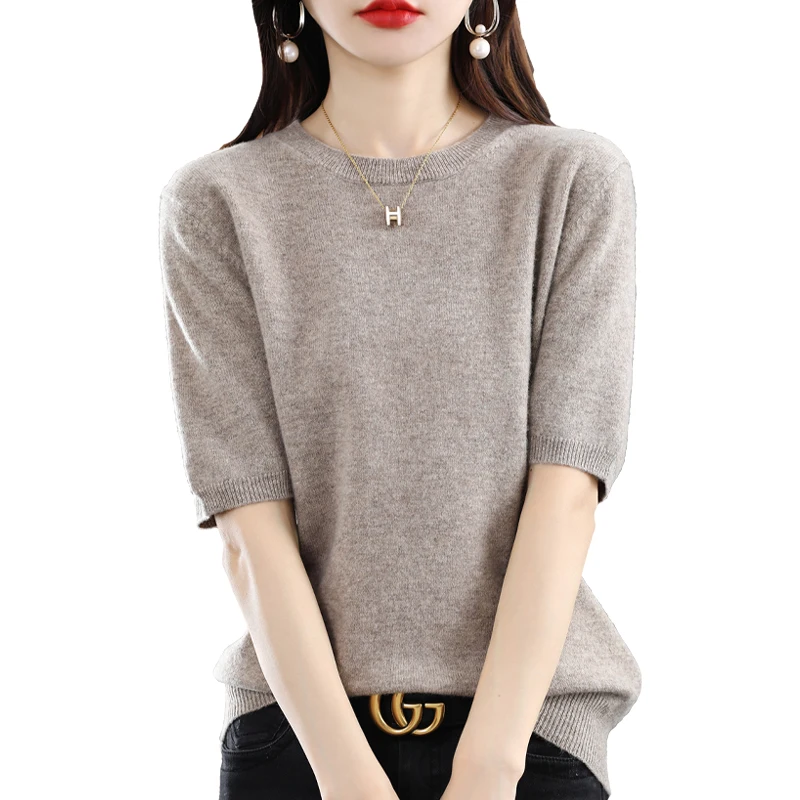 Female spring and summer 100% pure wool short-sleeved Women's sweater T-shirt simple Round neck knitted pullover loose top base