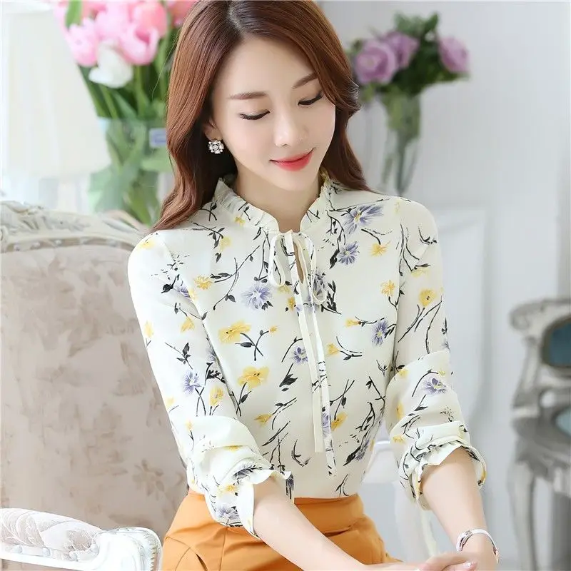 Spring Autumn New Fashion Printing Long Sleeve Blouses Women's Clothing Round Neck Lacing Korean Simplicity Temperament Shirts