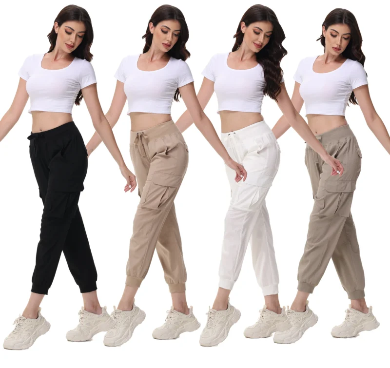 Summer Women's Cropped Jogger Pants, Lightweight & Breathable Casual Yoga Pants, Quality Elastic Cargo Jogging Pants 6 Pockets