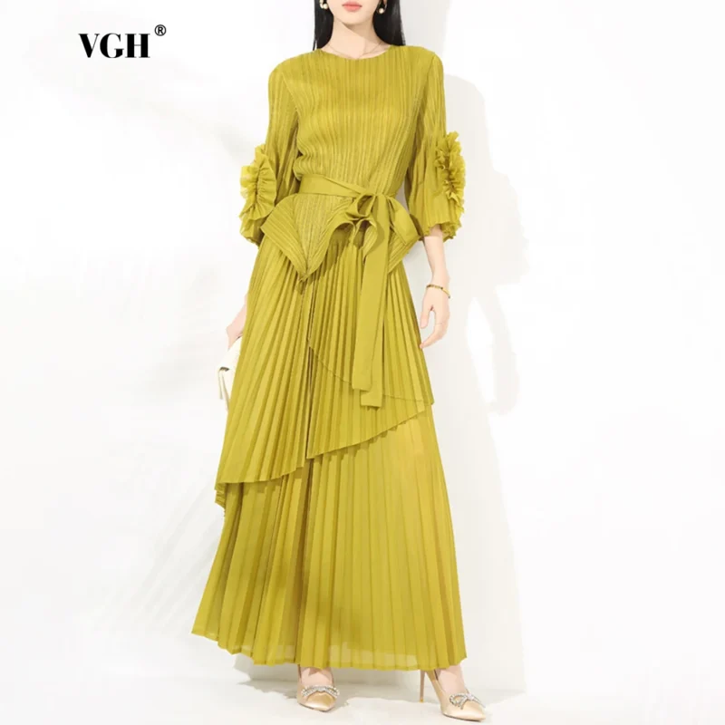 VGH Slimming Solid Temperament Draped Two Piece Set For Women Round Neck Long Sleeve Tops High Waist Dress Chic Sets Female New